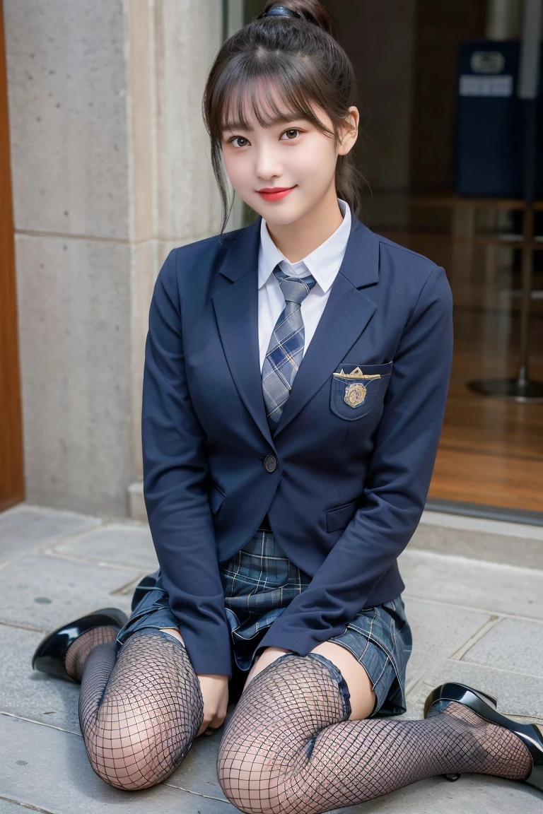 (8K), (highest quality: 1.2), (realistic), (realistic: 1.37), ultra high resolution, (1 girl), cute, smile, closed mouth, beautiful details, beautiful nose, ponytail, giant dulcefo, pork, thighs,self snap,University Student Uniform,(A simple navy blue blazer),pleated skirt,(The skirt and tie are gray tartan check pattern....:1.3),(sitting:1), sit on the ground,(hug your feet:1),(Fishnet tights),from the front,knees,loafers
