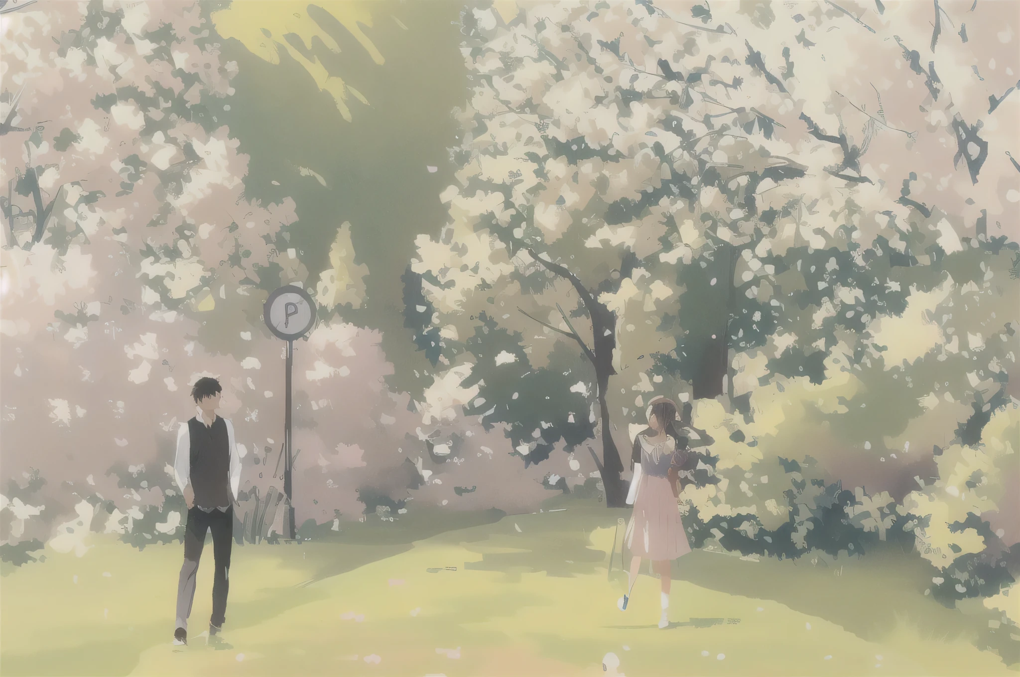 Cherry blossoms are in full bloom on the cherry tree,Animated scene of a man and woman walking on a park path, Spring Day, animated background art, Created by Animation Painter Studio, perfect Spring Day with, beautiful artwork illustration, by Kobayashi Kiyochika, animated background, animated countryside scenery, animated beautiful peace scene, landscape artwork, Illustration drawn in Anime Painter Studio, Watercolor painting style, beautiful animated scenes