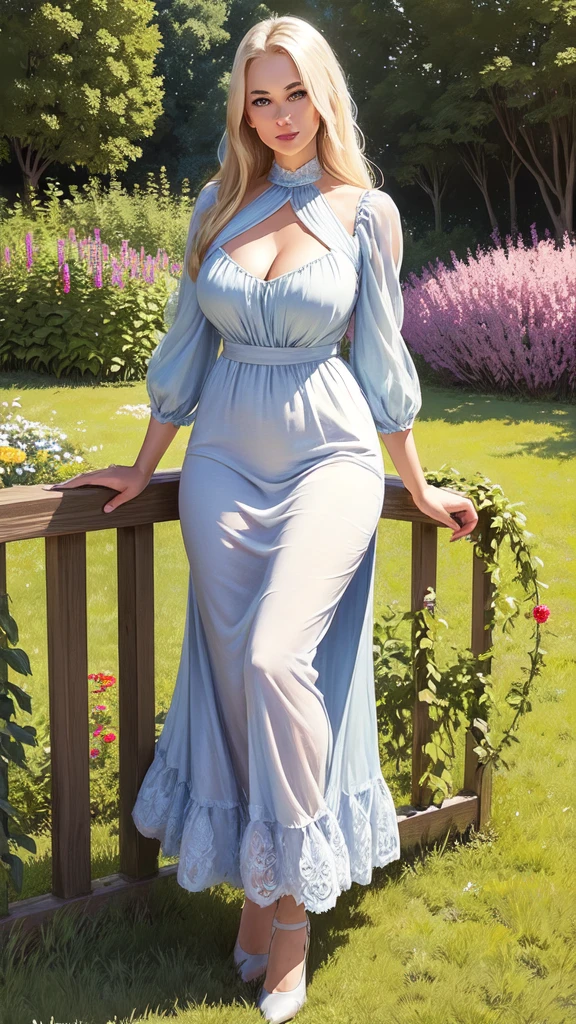 masterpiece,extremely beautiful woman,highly detailed beautiful face,big eyelahes,minimum waist,maxi fence dress, tights,straight blonde hair,excellent sense,American Comics,(((The Perfect One Woman))),(((one person))),colorful,highly detailed body,florish garden in the background 