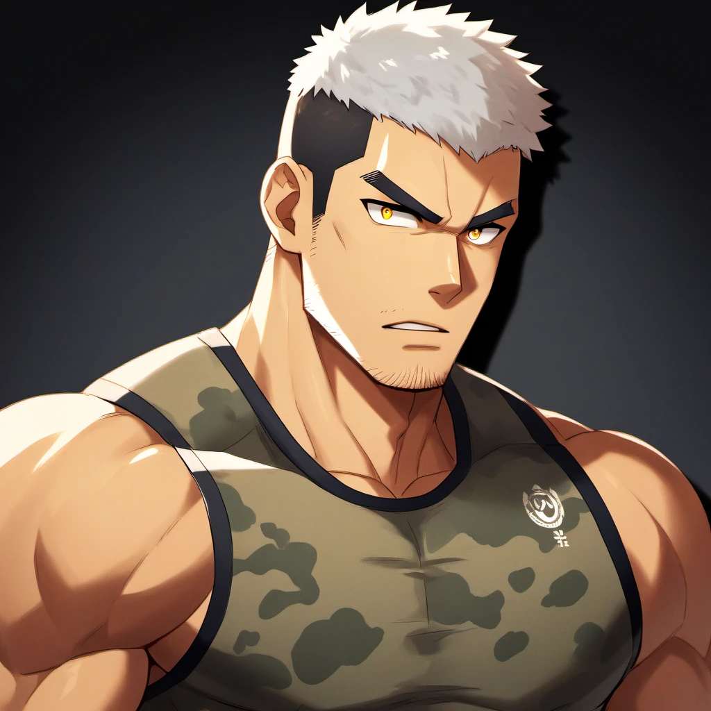 anime characters：Gyee, Fitness coach, 1 muscular tough guy, Manliness, male focus, Camouflage sleeveless T-shirt, Very tight, Slightly transparent, muscular male, muscular, only, Upper body, alone, Black short hair, Thick eyebrows, stubble, Yellow eyes, Black background, simple background, amazing quality, best aesthetics, Ridiculous, bright pupils, crew cut, parted lips, v-shaped eyebrows, jitome, drop shadow, best quality