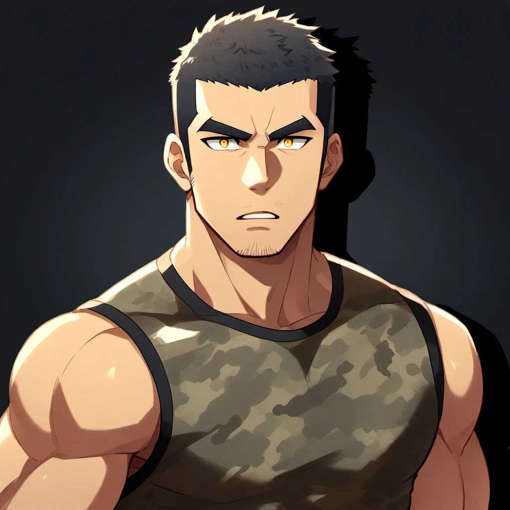 anime characters：Gyee, Fitness coach, 1 muscular tough guy, Manliness, male focus, Camouflage sleeveless T-shirt, Very tight, Slightly transparent, muscular male, muscular, only, Upper body, alone, Black short hair, Thick eyebrows, stubble, Yellow eyes, Black background, simple background, amazing quality, best aesthetics, Ridiculous, bright pupils, crew cut, parted lips, v-shaped eyebrows, jitome, drop shadow, best quality