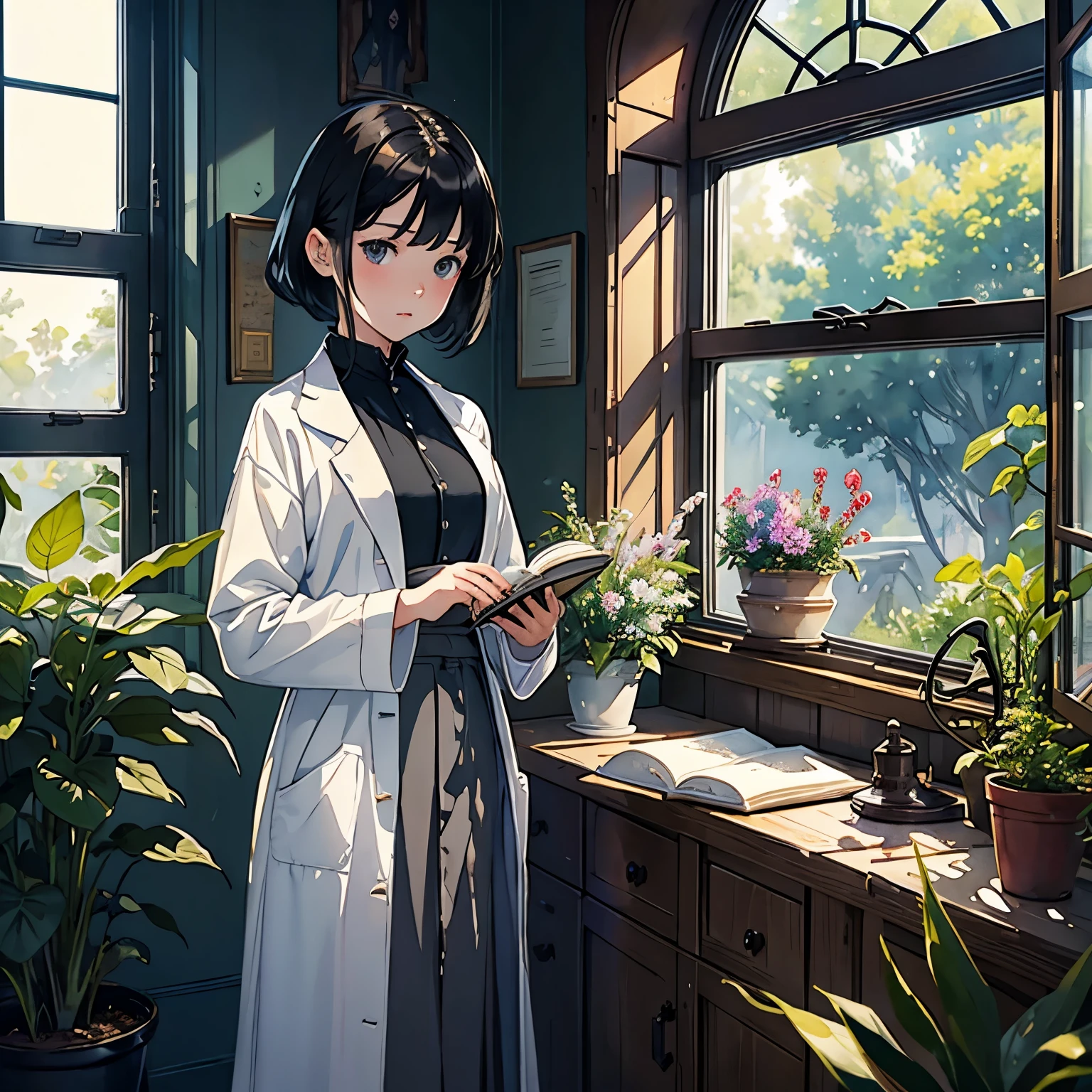 (Watercolour by Sargent)、(highest quality、masterpiece)、1 girl、、short black hair、black eye、small breasts、uniform、long skirt、wearing a white coat、Institute of Earth Sciences、鉱物標Book、Book、mechanical、Labware、Floral、window、Foliage plant、 wood、soft light、