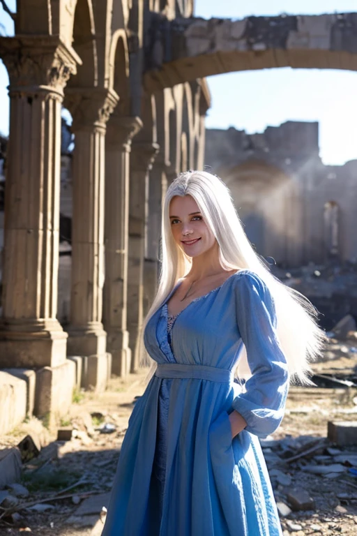 Has long white hair、Beautiful appearance and mature atmosphere、Create images of beautiful women with a more mysterious aura.。she has blue eyes、Please express yourself standing in the ruins with your whole body.。There's a grin on her face。