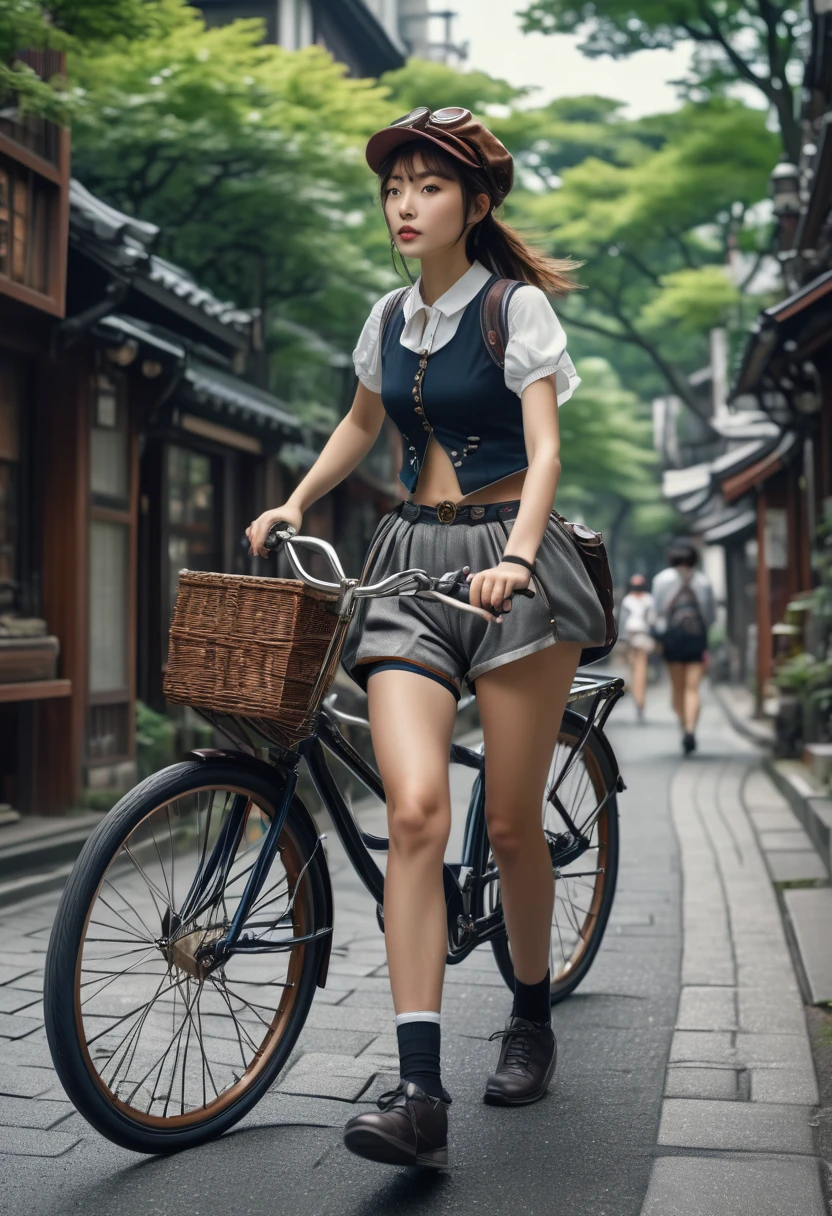 a girl rides a bicycle, in running shorts, short shorts, tokyo city, medieval otherworldly style steampunk, masterpiece, best quality, amazing, 8k

