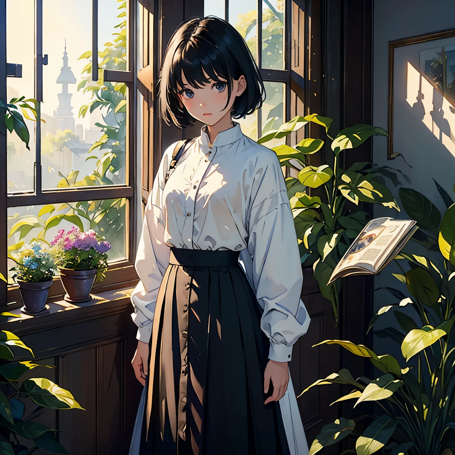 (Watercolour by Sargent)、(highest quality、masterpiece)、1 girl、、short black hair、black eye、small breasts、uniform、long skirt、wearing a white coat、Institute of Earth Sciences、鉱物標Book、Book、mechanical、Labware、Floral、window、Foliage plant、 wood、soft light、