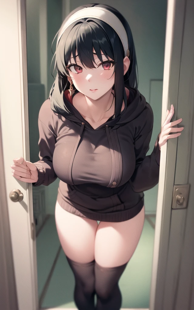 (masterpiece), (best quality), (beautiful eyes and face), (perfect female body), (shiny skin),
looking at viewer, cowboy shot,
1girl, solo, yor briar, black hair, long hair, red eyes,
small breasts,
white hairband, gold earrings, jewelry, (oversized hoodie), (cleavege)
lips seperated , mouth open
, facing viewer, large waist, thick thighs, thigh gap, (36year old woman), facing viewer, no pants, naked legs, hoodie covering pussy, hoodie covering waist, thick heavy hoodie, large hoodie strings, sStanding in doorframe, milf, brushing haircut of face, standing in doorway, leaning forward, slightly bent over