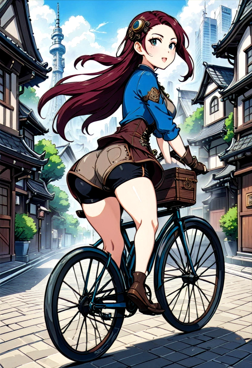 a girl rides a bicycle, in running shorts, short shorts, tokyo city, medieval otherworldly style steampunk, masterpiece, best quality, amazing, 8k