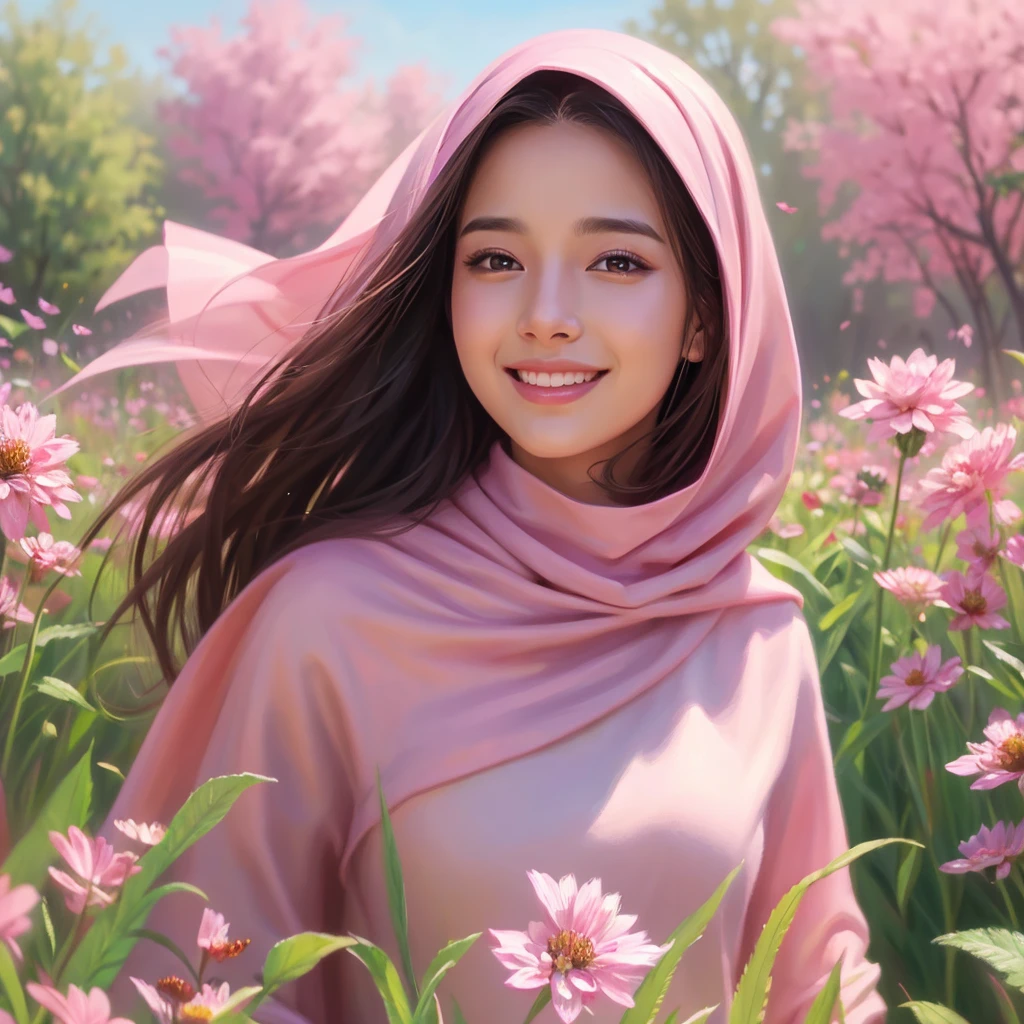 arafed woman in pink hijab in butterfly field, beautiful digital painting, beautiful art uhd 4k, beautiful digital artwork, beautiful digital illustration, very beautiful portrait, beautiful detailed portrait, beautiful digital art, very digital art beautiful, stunning digital painting, detailed beauty portrait, beautiful digital painting, 4k detailed painting, beautiful beautiful digital art, UHD, realistic, faint smile.