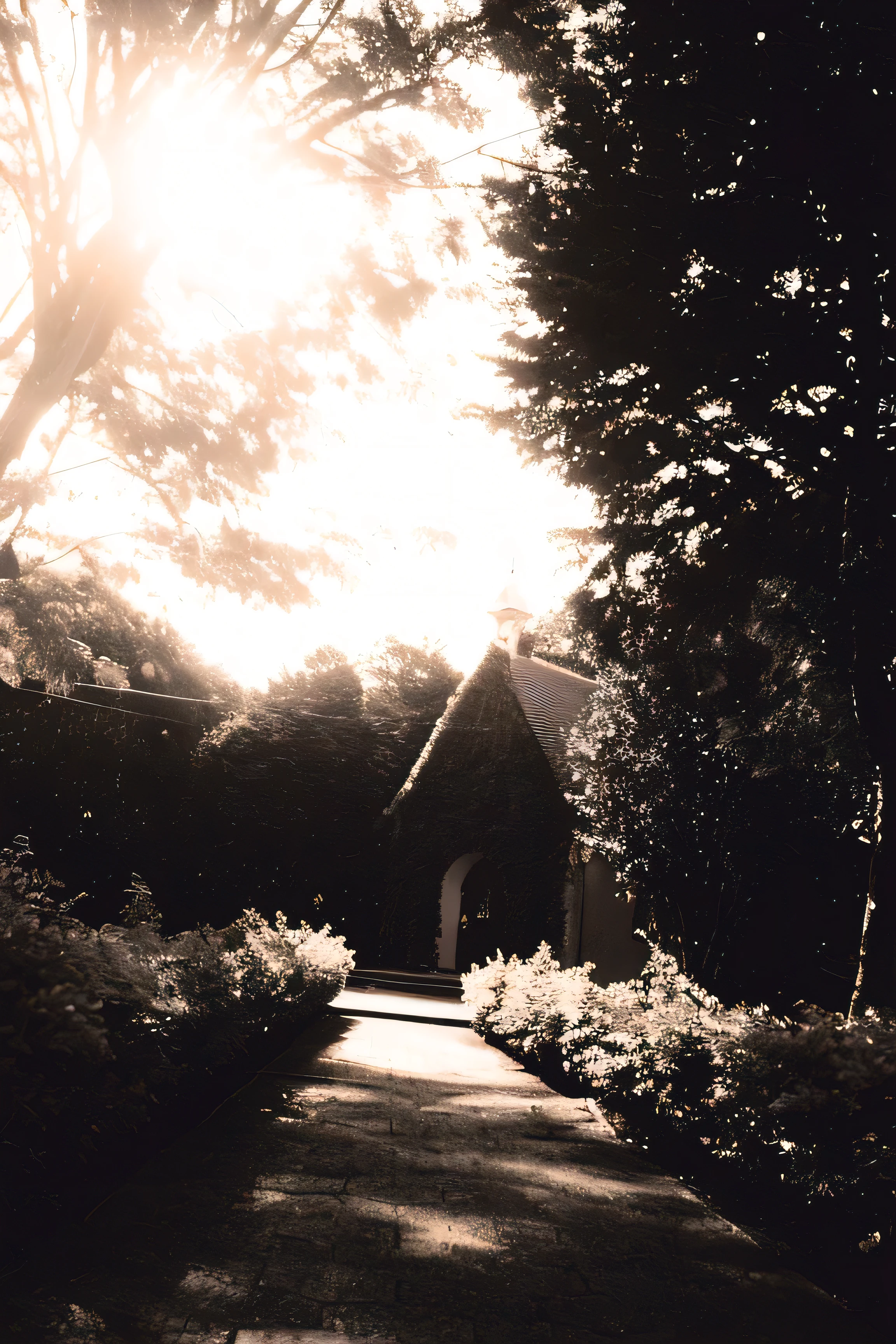 panoramic view of a church in a park with trees and bushes, fotografia do jardim encantado, Sepia Floor, igreja na madeira, atmospheric photography, luz noturna filtrada, sepia toned, explodindo com luz sagrada, morning light, luz que entra, com o sol brilhando sobre ele, 3 5 mm, 35mm, 35mm, morning light de verão