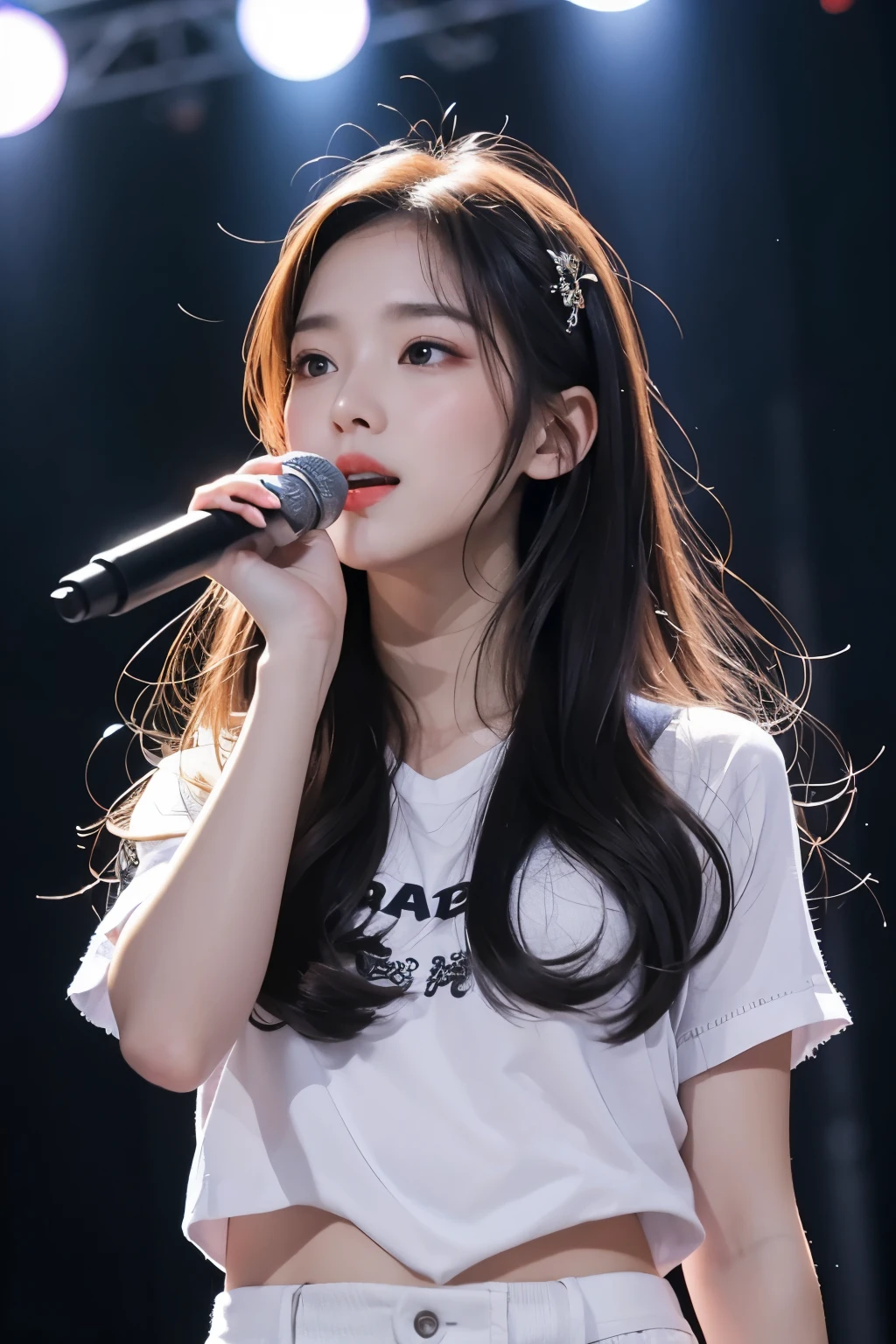 masterpiece, best quality, 8 thousand, 24 years old, photo beast, absurd, award-winning portraits, pure, korean beauty, spring, stage with electronic display, laces, cute, right, healthy, Beloved, perfect hands, A girl singing while holding a microphone in one hand, fluttering hair, Random Actions, random clothes,