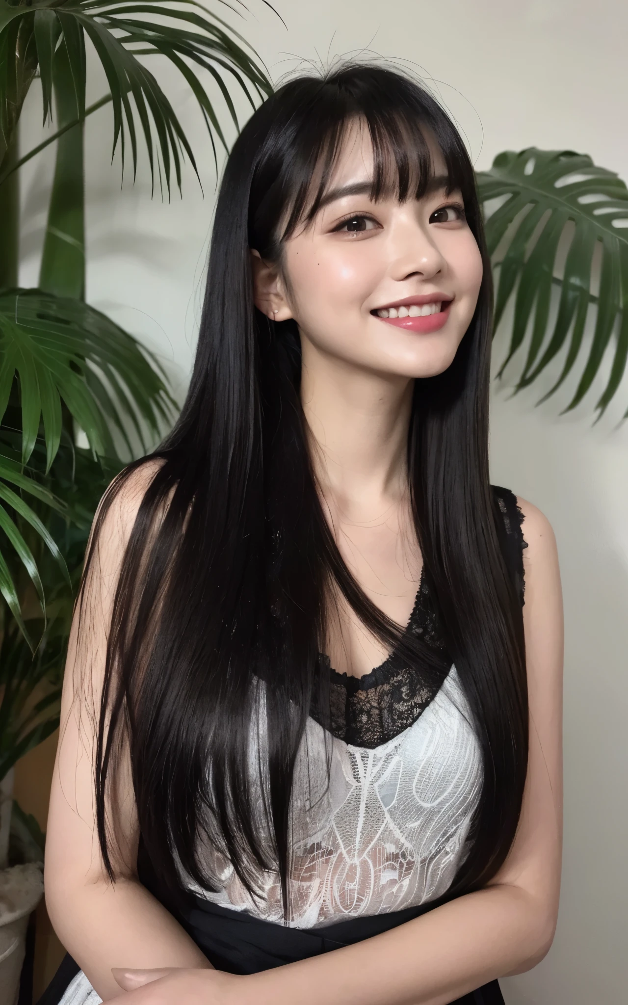 (Ultra Realistic), (Illustration), (Increased Resolution), (8K), (Extremely Detailed), (Best Illustration), (Beautiful and Detailed Eyes), (Best Quality), (Ultra Detailed), (Masterpiece), (detailed face), solo, 1 milf, looking at viewer, fine details, detailed face, in the dark, deep shadows, low key, pureerosfaceace_v1, smiling, long hair, black shawl straight hair , 46 points oblique bangs