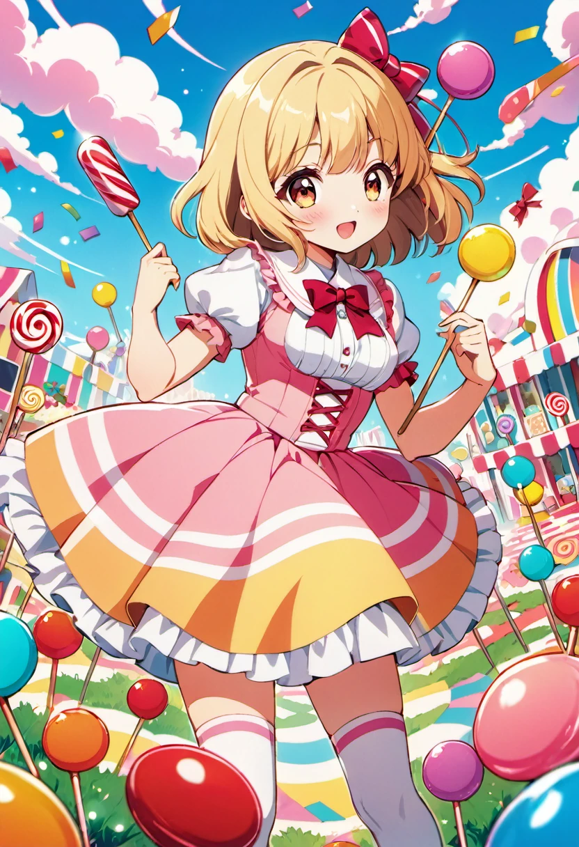 (best quality, highres, ultra sharp), Candy Candy\' by Toei Animation, detailed art style, vintage aesthetic, emotional melodrama, inspired by Keiko Nagita and Yumiko Igarashi's original manga, in candyland, Blonde,