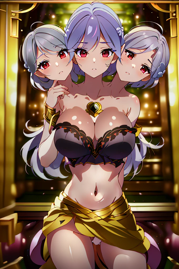 (masterpiece, best quality), best quality, (ultra-detailed), (3heads:1.5), 1girl, (sagume kishin:1.3), masterpiece, best quality, ultra quality, ultra resolution, ultra detail, purple top, crop top, ((stomach)), midriff, ((groin)), purple skirt, normal ears, shackles, light grey hair, braid on the back, very long hair, wavy hair, sidelocks, brown eyes, very detailed eyes, parted lips, sweat, cute, toned belly, hand on own chest, eyelashes, (26 year old woman:1.3), (masterpiece:1.5), (best quality:1.5), (beautiful detailed), extremely detailed CG, extremely delicate and beautiful, depth of field, (finely detailed face), (perfect details:1.2), (mature female:1.3), wide pelvis, slender, large veiny breast, 16k resolution, highres, very high quality, very high definition, extremely detailed, masterpiece, light grey hair, long hair, alluring presence, braid, short skirt, close up, big tits, young, single wing on back, nsfw,