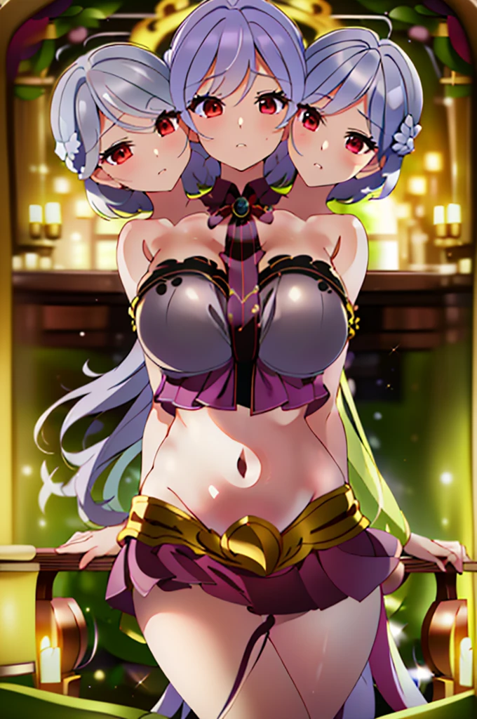 (masterpiece, best quality), best quality, (ultra-detailed), (3heads:1.5), 1girl, (sagume kishin:1.3), masterpiece, best quality, ultra quality, ultra resolution, ultra detail, purple top, crop top, ((stomach)), midriff, ((groin)), purple skirt, normal ears, shackles, light grey hair, braid on the back, very long hair, wavy hair, sidelocks, brown eyes, very detailed eyes, parted lips, sweat, cute, toned belly, hand on own chest, eyelashes, (26 year old woman:1.3), (masterpiece:1.5), (best quality:1.5), (beautiful detailed), extremely detailed CG, extremely delicate and beautiful, depth of field, (finely detailed face), (perfect details:1.2), (mature female:1.3), wide pelvis, slender, large veiny breast, 16k resolution, highres, very high quality, very high definition, extremely detailed, masterpiece, light grey hair, long hair, alluring presence, braid, short skirt, close up, big tits, young, single wing on back, nsfw,