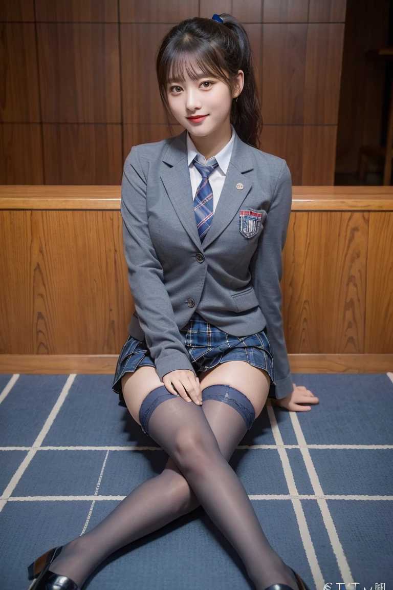 (8K), (highest quality: 1.2), (realistic), (realistic: 1.37), ultra high resolution, (1 girl), cute, smile, closed mouth, beautiful details, beautiful nose, ponytail, giant dulcefo, pork, thighs,self snap,University Student Uniform,(A simple navy blue blazer),pleated skirt,(The skirt and tie are gray tartan check pattern....:1.3),(sitting:1), sit on the ground,(hug your feet:1),(red stockings:1.2),from the front,knees,loafers