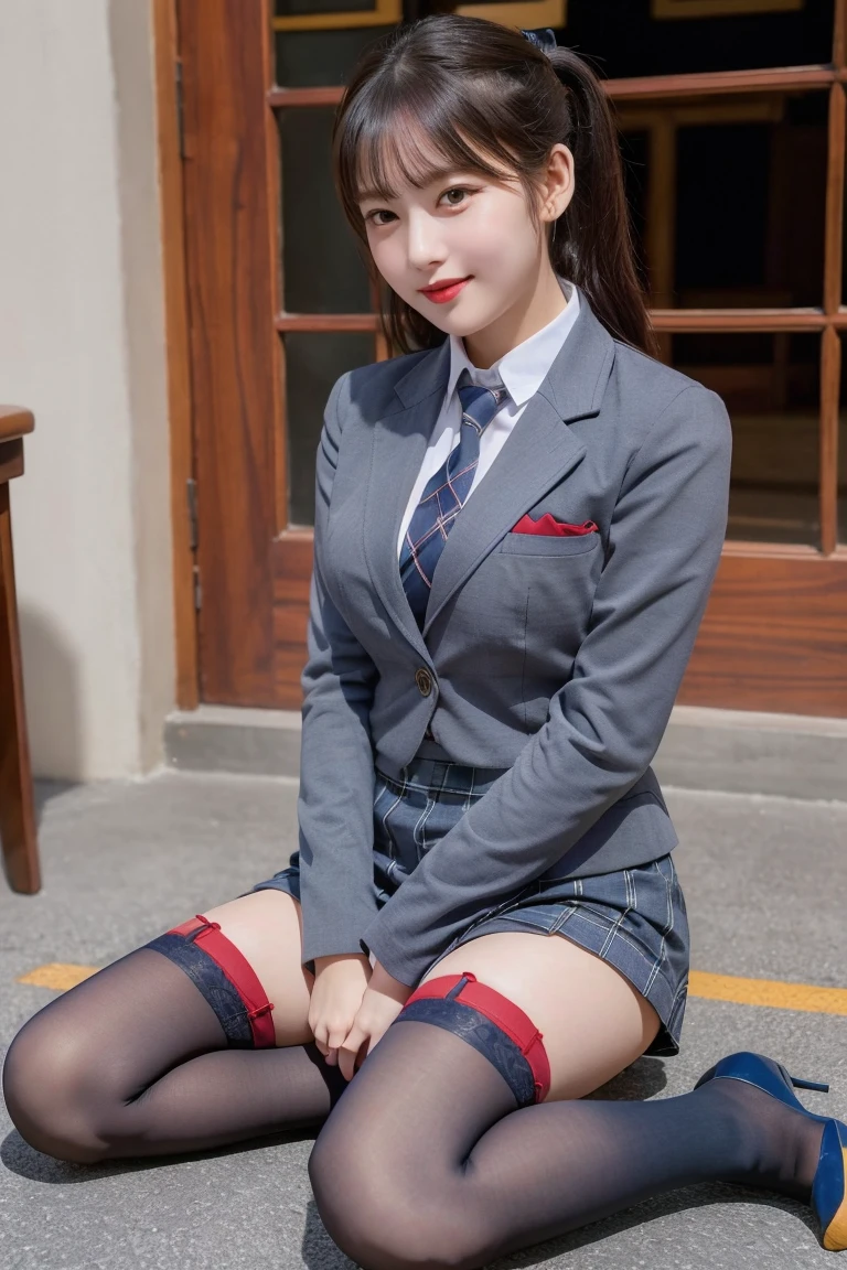 (8K), (highest quality: 1.2), (realistic), (realistic: 1.37), ultra high resolution, (1 girl), cute, smile, closed mouth, beautiful details, beautiful nose, ponytail, giant dulcefo, pork, thighs,self snap,University Student Uniform,(A simple navy blue blazer),pleated skirt,(The skirt and tie are gray tartan check pattern....:1.3),(sitting:1), sit on the ground,(hug your feet:1),(red stockings:1.2),from the front,knees,loafers