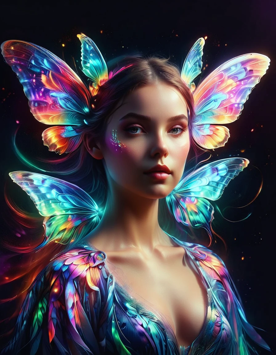 A surreal digital portrait of a European girl，She has glowing butterfly wings，Immerse yourself in a world of vibrant and neon colors，With the light of another world，Semi-flight state，Elements of fantasy and fantasy，Evoke the extravagance of surrealist art with exaggerated perspective，Use soft brushstrokes to add texture and depth to your image，Highlighting the intricate pattern and glowing effect of her wings