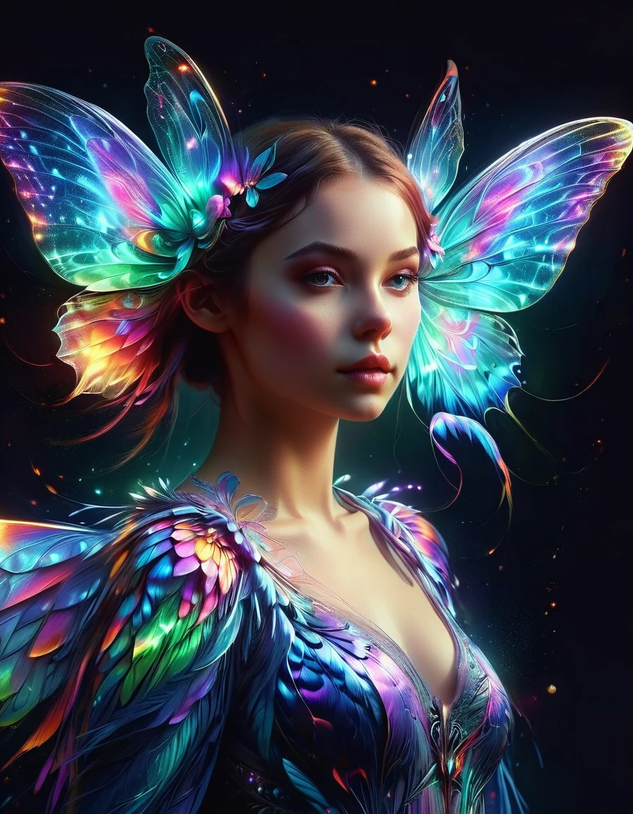 A surreal digital portrait of a European girl,She has glowing butterfly wings,Immerse yourself in a world of vibrant and neon colors,With the light of another world,Semi-flight state,Elements of fantasy and fantasy,Evoke the extravagance of surrealist art with exaggerated perspective,Use soft brushstrokes to add texture and depth to your image,Highlighting the intricate pattern and glowing effect of her wings