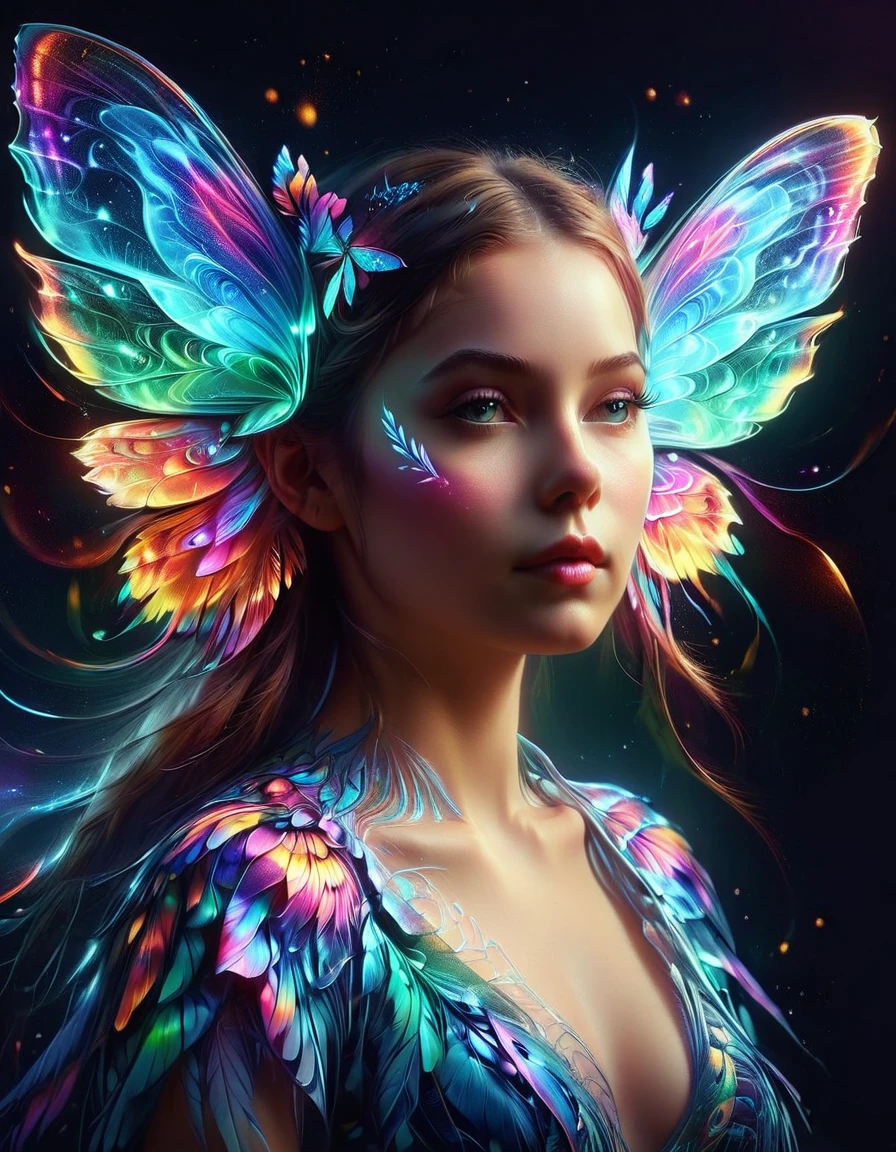 A surreal digital portrait of a European girl,She has glowing butterfly wings,Immerse yourself in a world of vibrant and neon colors,With the light of another world,Semi-flight state,Elements of fantasy and fantasy,Evoke the extravagance of surrealist art with exaggerated perspective,Use soft brushstrokes to add texture and depth to your image,Highlighting the intricate pattern and glowing effect of her wings