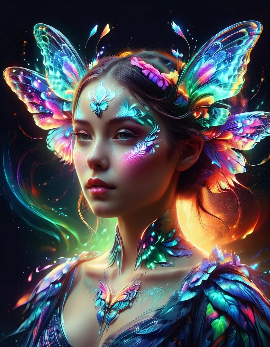 A surreal digital portrait of a European girl，She has glowing butterfly wings，Immerse yourself in a world of vibrant and neon colors，With the light of another world，Semi-flight state，Elements of fantasy and fantasy，Evoke the extravagance of surrealist art with exaggerated perspective，Use soft brushstrokes to add texture and depth to your image，Highlighting the intricate pattern and glowing effect of her wings
