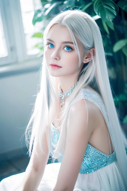 masterpiece, Highest quality, Very detailed, crystal, Intricate details, High resolution, Official Art, Beautifully detailed face and eyes, High resolutionの写真, 8k, Depth of written boundary, Bokeh, alone, One girl, White haired and blue eyed goddess, Long white hair, Beautiful red eyes, beautiful heaven, Upper Body, View your viewers,