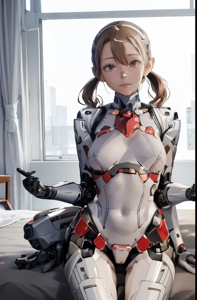 A Female robot is sleeping in bedroom, spread legs, nude, banzai pose. she wears no dress. She Brown short hair is tied with two big red clothespins, She lifts up the under hem of her white plain dress, leaning over, masterpiece, very short pigtails,brown hair, mature, android, blue eyes, full body figure, Height: 160cm, flushed cheeks, 2020s anime picture, A beautiful robot with short brown hair in two short pigtails held up by two very large huge red clothespins, Uplifting, No NSFW, whole body, barefoot, archaic smile, getting orgasm, 25 years old, sweat bucket. 