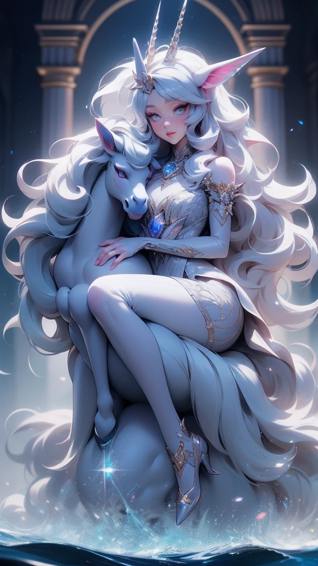 {-erro_de_anatomia:1.0} There is a white unicorn girl, blue mane and long mane, white unicorn, unicorn, unicorn horns, A unicorn, celestia, Nine stories, blue unicorn, soft dreamy, cinematic light《fangs》Unicorn in, mythological creatures, a mythical creature, Pokémon illustration, unicorns, a glaceon princess, white dress, opal eyes. Auroracore, ghostly iridescent, image good for rendering, sitting on the water, unicorn girl, full body.