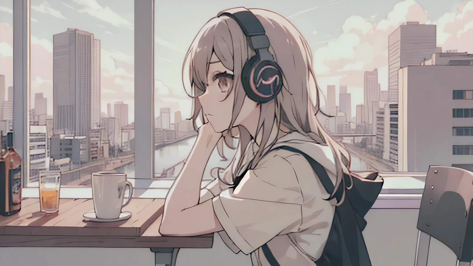 anime girl With headphones sitting at a table with a city view, anime atmosphere, Lofty Girl, anime style 4 k, portrait of lofi, Lofi Art Style, Nightcore, anime style. 8K, With headphones, anime aesthetics, anime moe art style, an anime girl, (anime girl), High quality anime art style, profile of anime girl