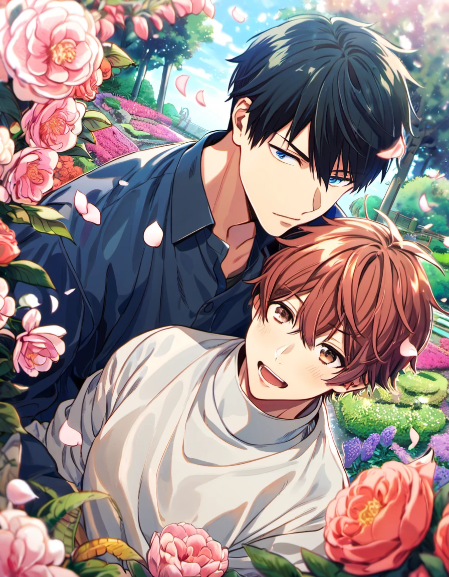 absurdres, highres, ultra detailed, HDR), master piece, best quality, Uenoyama Ritsuka, black hair, expressive blue eyes, Given, Sato Mafuyu, pink-brown hair, expressive brown eyes, 2men together, gay couple, handsome, petals, garden