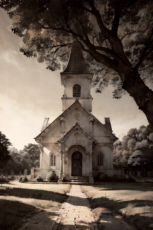 panoramic view of a church in a park with trees and bushes, fotografia do jardim encantado, Sepia Floor, igreja na madeira, atmospheric photography, luz noturna filtrada, sepia toned, explodindo com luz sagrada, morning light, luz que entra, com o sol brilhando sobre ele, 3 5 mm, 35mm, 35mm, morning light de verão