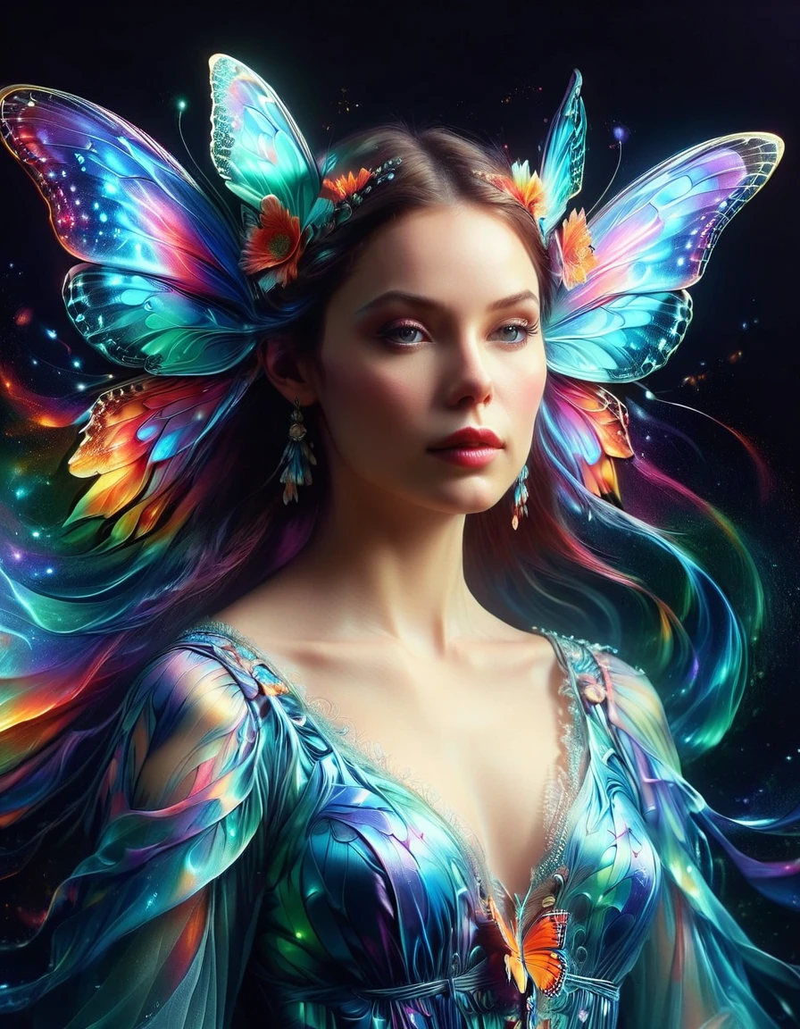 Create a surreal portrait of a woman with butterfly wings. Her presentation should be dreamlike and ethereal, with the vibrant, outlandish colors and improbable, distortion-filled artistry characteristic of Surrealism, a movement prevalent in the early 20th century. Think of the intricacy and strangeness often associated with visual illusions. Let her gown flow in an eerily graceful manner. This portrait should be captured as if viewed through a macro lens, accentuating each fine line and elaborate detail. Though it is a fantasy-inspired piece, the realism in the details should not be compromised.