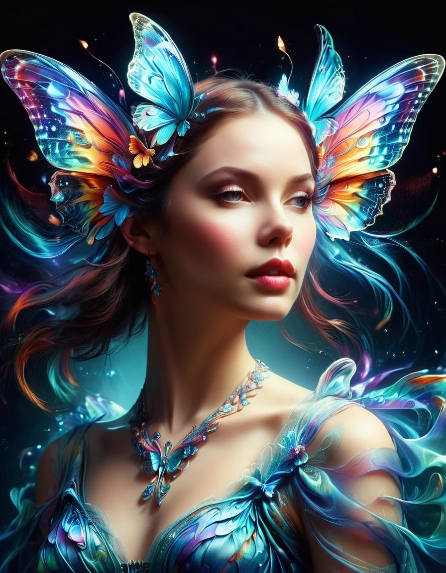 Create a surreal portrait of a woman with butterfly wings. Her presentation should be dreamlike and ethereal, with the vibrant, outlandish colors and improbable, distortion-filled artistry characteristic of Surrealism, a movement prevalent in the early 20th century. Think of the intricacy and strangeness often associated with visual illusions. Let her gown flow in an eerily graceful manner. This portrait should be captured as if viewed through a macro lens, accentuating each fine line and elaborate detail. Though it is a fantasy-inspired piece, the realism in the details should not be compromised.