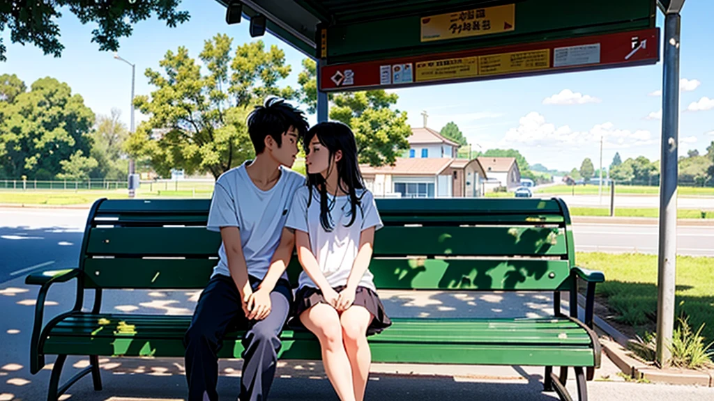 masterpiece, best quality, teenager couple,(sitting on bench at bus stop),Port town bus stop,old bus stop,rural,sunny day,(distant view,long shot), beautiful lighting,looking away,(photographic portrait),