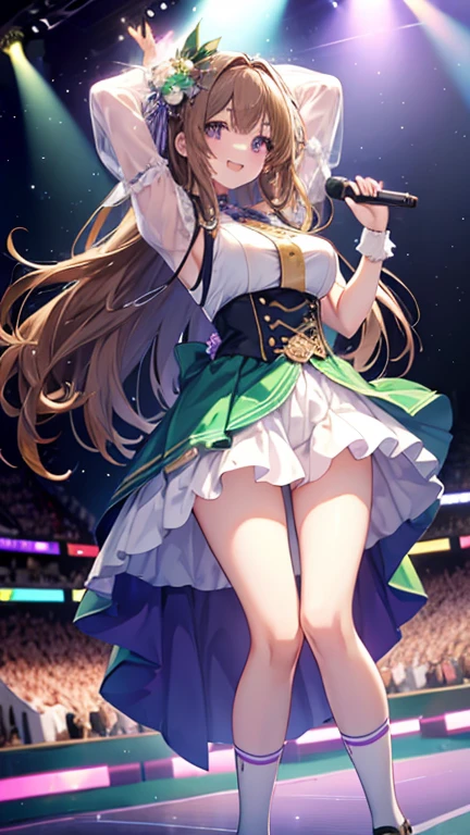 highest quality、all limbs、full finger、Slender beauty、straight hair、brown hair、yours、green, white and purple idol costume、white panties、high socks、beautiful big breasts、live stage、sing、dancing、big smile