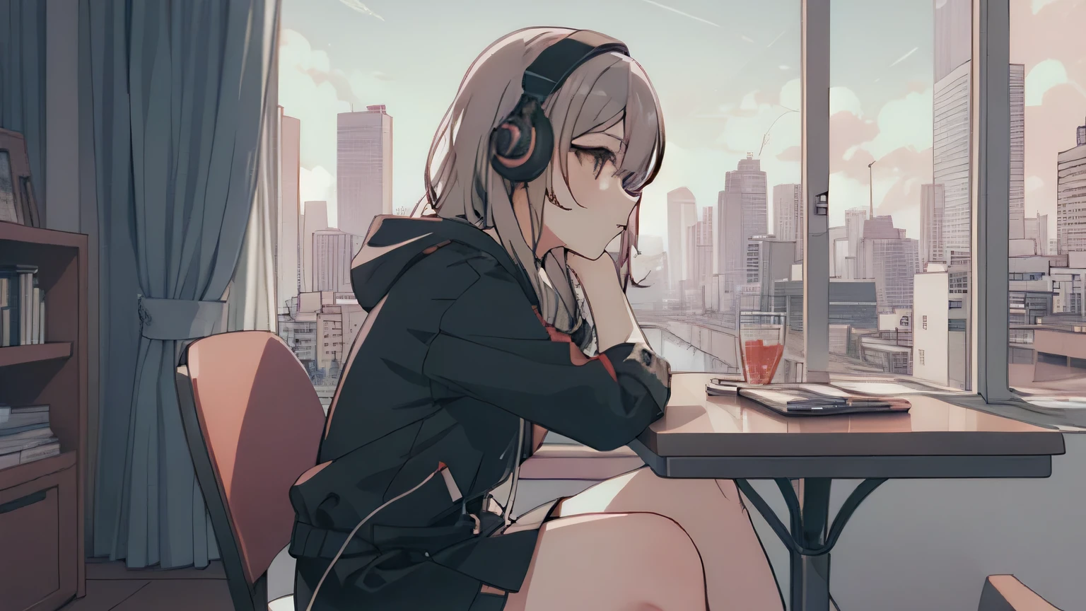 anime girl With headphones sitting at a table with a city view, anime atmosphere, Lofty Girl, anime style 4 k, portrait of lofi, Lofi Art Style, Nightcore, anime style. 8K, With headphones, anime aesthetics, anime moe art style, an anime girl, (anime girl), High quality anime art style, profile of anime girl