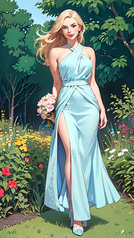 masterpiece,extremely beautiful woman,highly detailed beautiful face,big eyelahes,minimum waist,maxi slit dress, tights,straight blonde hair,excellent sense,American Comics,(((The Perfect One Woman))),(((one person))),colorful,highly detailed body,florish garden in the background 