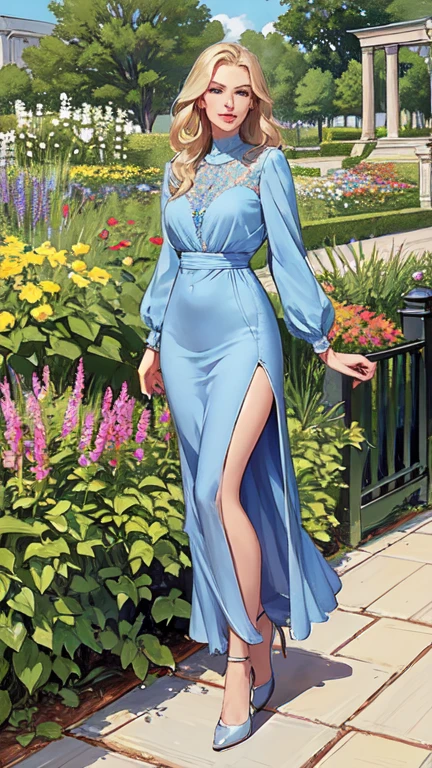 masterpiece,extremely beautiful woman,highly detailed beautiful face,big eyelahes,minimum waist,maxi slit dress, tights,straight blonde hair,excellent sense,American Comics,(((The Perfect One Woman))),(((one person))),colorful,highly detailed body,florish garden in the background 