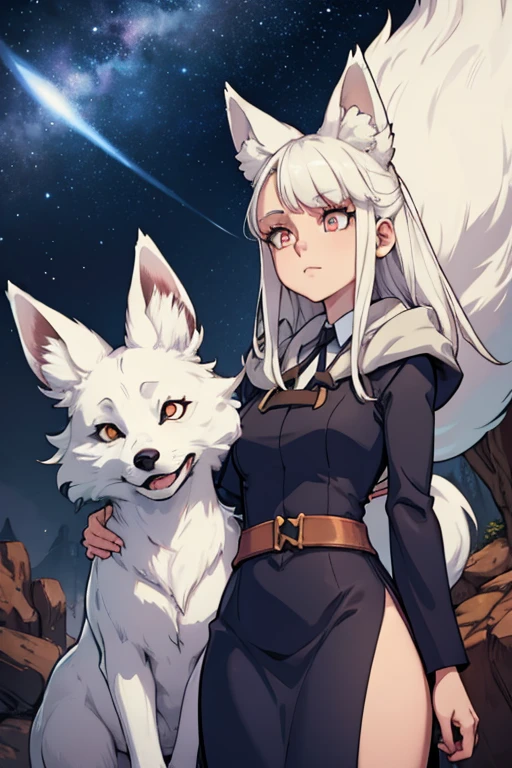 A white haired female witch with copper eyes and white fox ears and a white fox tail in a conservative witch's uniform is watching shooting stars