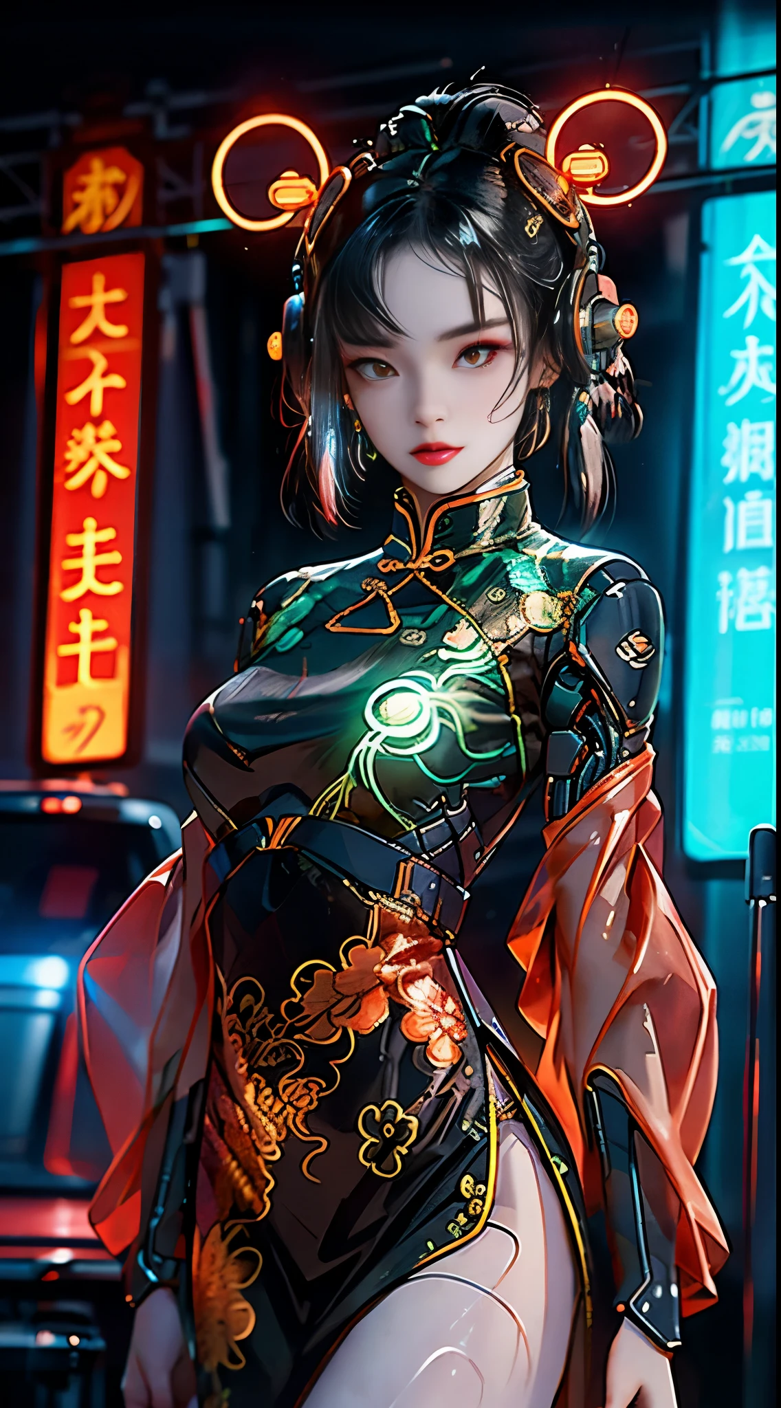 1 girl, Chinese_clothing, black and tangerine, cyberhan, cheongsam, cyberpunk city, dynamic poses, Luminous headphones, Luminous hair accessories, long hair, Luminous earrings, glow necklace, Long straight hair flying and messy, silver hair, cyberpunk, 高science and technology城, Full of mechanical and futuristic elements, Futurism, science and technology, glowing neon lights, tangerine, tangerine light, laser, Digital background city sky, big moon, There is a vehicle, best quality, masterpiece, 8K, Character edge light, Ultra high detail, high quality, The most beautiful woman in mankind, Background many advertising light boxes