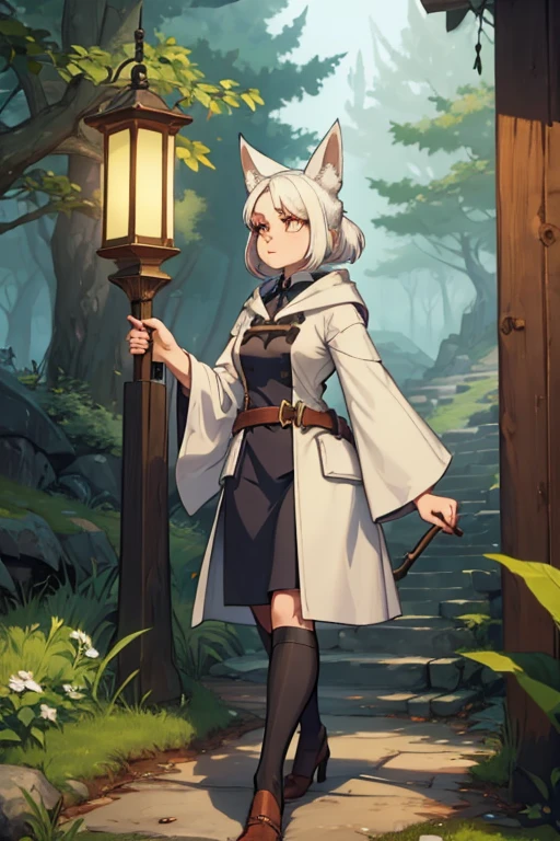 A white haired female witch with copper eyes and white fox ears and a white fox tail in a conservative witch's uniform is walking through the woods with a lantern 