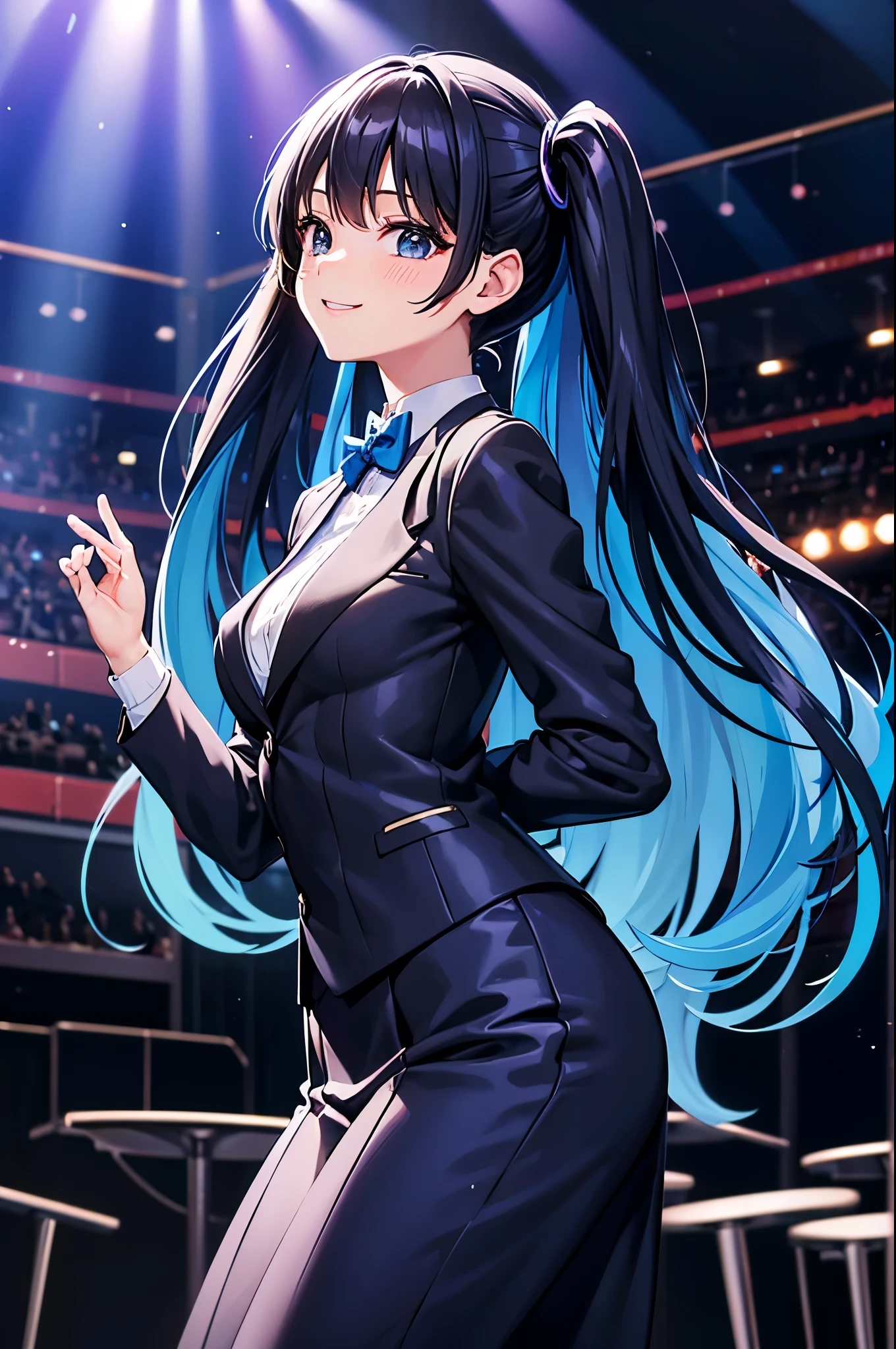 Blue slacks tuxedo、Orchestra in the background、A spectacular musical stage、light blue long hair、Beautiful girl with twin tails、black eyes、adorable smile、small breasts、cool look、Big Stage、breast enhancement、A packed audience、Gorgeous rainbow lighting、stage lighting、