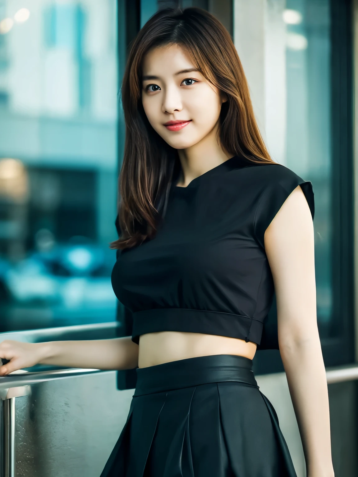 1 girl, (wearing a black blouse:1.2), black short skirt, beautiful Japanese actress, (RAW photo, highest quality), (realistic, Photoreal:1.4), masterpiece, very delicate and beautiful, very detailed, 2K wallpaper, wonderful, finely, very detailed CG Unity 8k wallpaper, Super detailed, High resolution, soft light, beautiful detailed girl, very detailed目と顔, beautifully detailed nose, beautiful and detailed eyes, Long hair, cinematic lighting, break, (Against the backdrop of a outside the open cafe terrace 1.3), city lights, perfect anatomy, slender body, smile, Face the front completely, (look at the camera), (waist shot), (emphasize big breasts), (full body shot), (Random body direction), (Shooting from a long distance),
