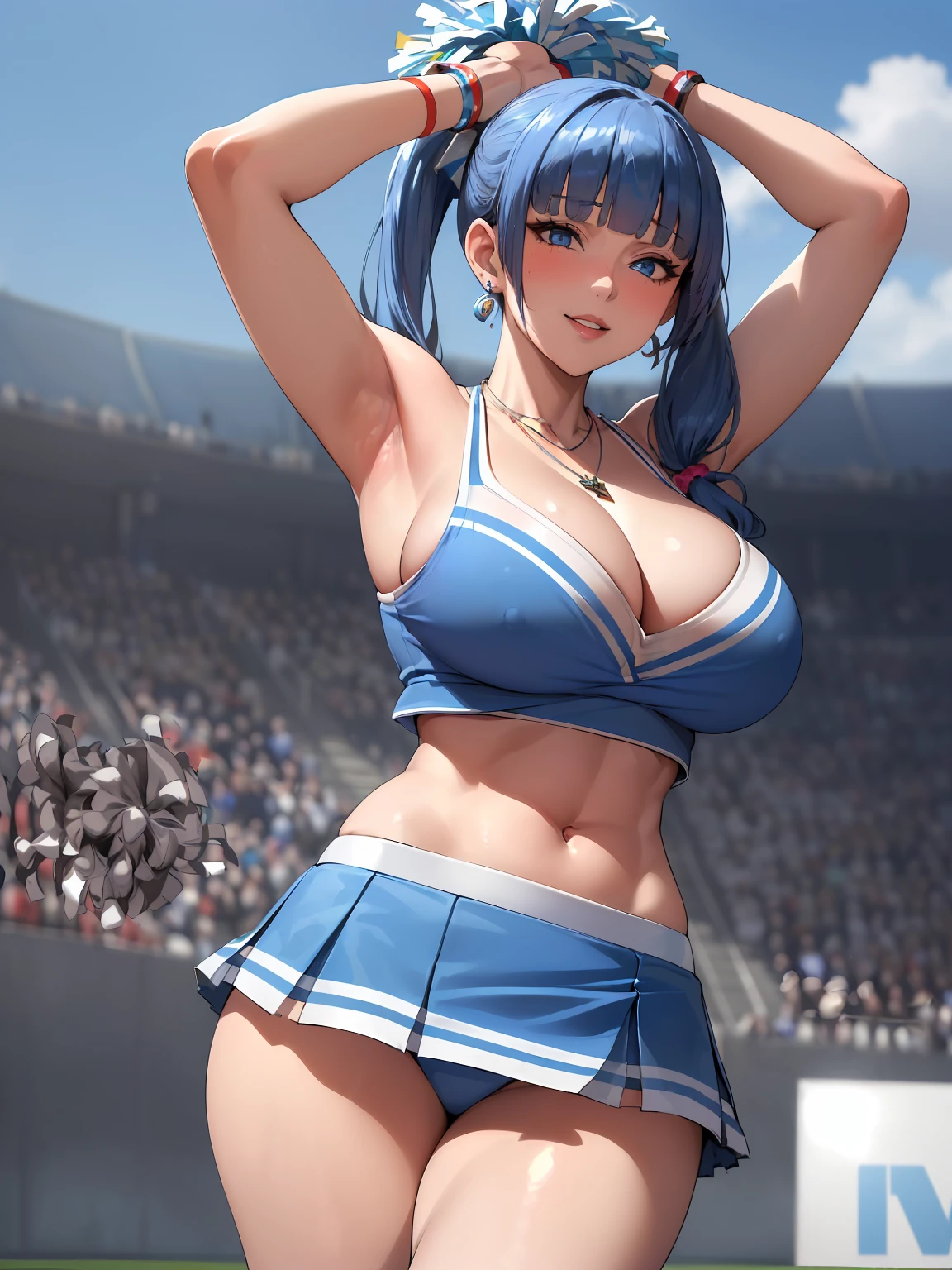 (((absurdres))), (((masterpiece))), (((best quality))), ((ultra-detailed)), ultra high quality, realistic, (real picture, intricate details, depth of field), ((((1girl, solo)))), make up, parted lips, highly-detailed, perfect face, (((mature woman, milf))), (large breasts, thick thighs, wide hips, attractive waist), (skindentation), tall, glossy lips, ((toned abdomen)), sexy, blushing, ((blue hair, blunt bangs, twintails)), ((beautiful blue eyes)), ((necklace, earrings, hair accessories, hair ornaments, scrunchie, bracelet)), ((((cheerleader, cleavage, mini skirt)))), happy smile, ((outdoors, baseball field)), (((erotic pose, from below, arms raised)))