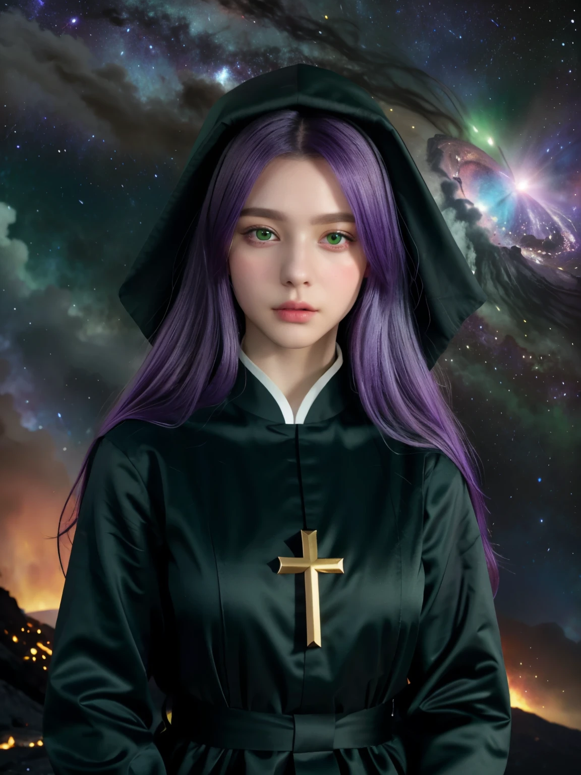 (8k), (highest quality), (best details)Milky Way、purple hair、green eyes、Put on the cassock and pray to God、church、very long hair、Beautiful French woman、supernova explosion、Volcanic eruptions、catastrophe、