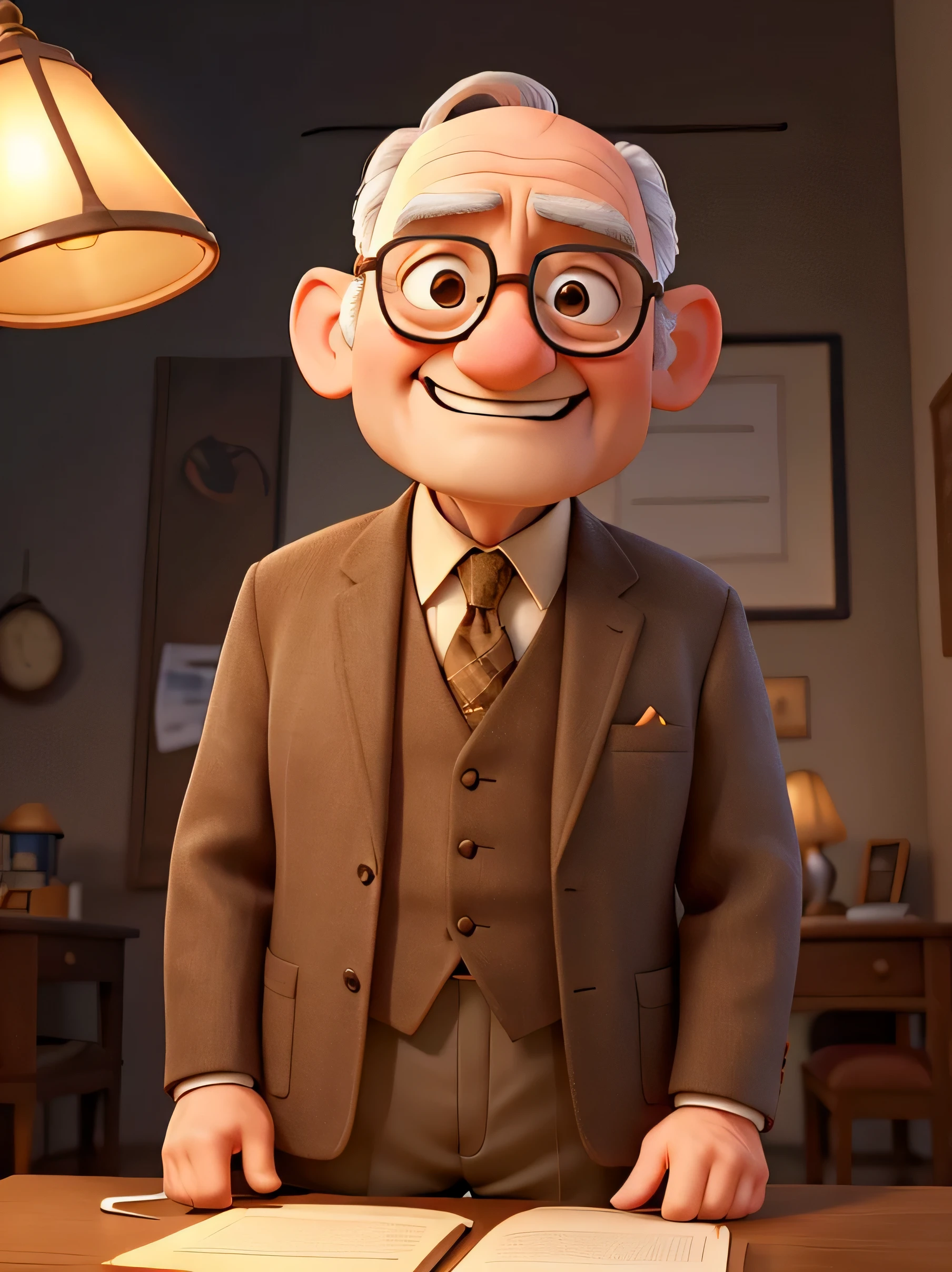 Make a portrait of an old professor with a wrinkled face and bald head, standing elegantly with his hands rested on a table, dressed in a suit that perfectly fits his figure. A smiling expression adorns his face, as he proudly wears a written badge with the letters "UFERSA" visible on it, under the gentle glow of a lamp. The background is subtly blurred, adding focus to the intricate details of the professor's face and attire, creating an authentic and lifelike portrait.