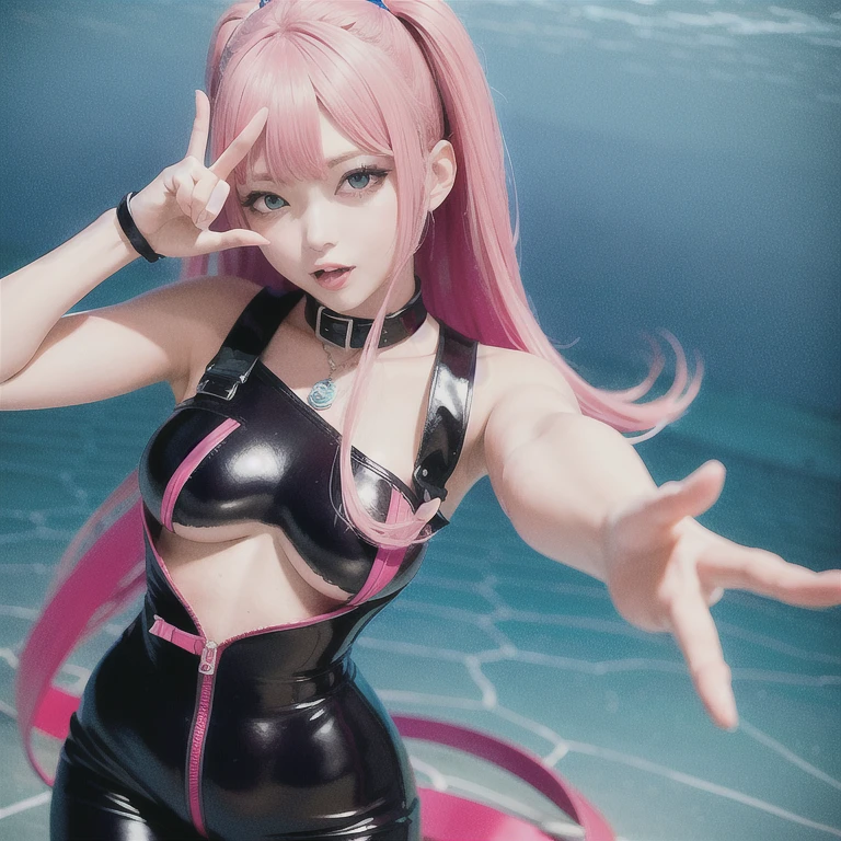 (masterpiece, highest quality:1.2), 1 girl, alone A woman in a rubber suit is making an ahegao face and giving a double peace sign an underwater city beautiful girl Hair Color Pink