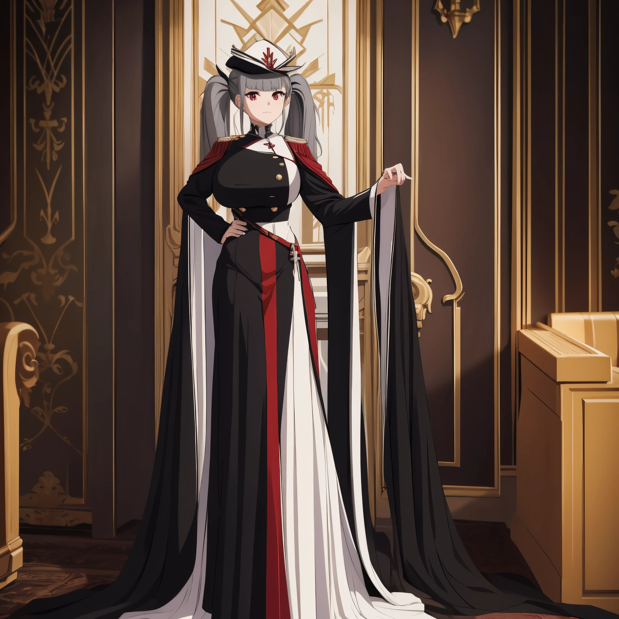 A woman wearing a long black military dress, wearing a white fur cape, long gray hair, long pigtails, red eyes, white military hat with gold details, large breasts, in a luxurious room, full body.,HDR, masterpiece, well defined, ultra resolution, high quality, 8k HD. (just a woman, solo)
