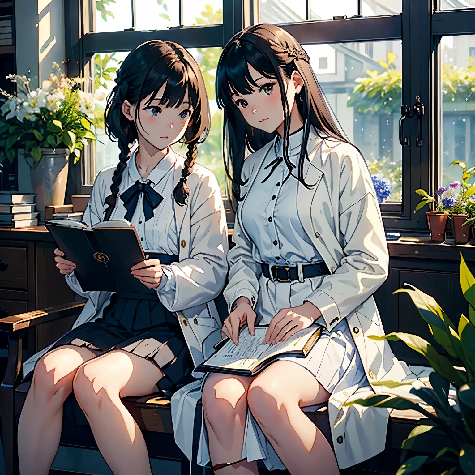 (highest quality、masterpiece、High resolution)、(Sargent style watercolor)、(anime art)、soft light、((two women))、((The two are talking while holding documents))、17 years old、18-year-old、medium short hair、black hair、dark brown hair、braided hair、small breasts、uniform、long skirt、((wearing a white coat))、白いブラウスとlong skirt、Institute of Earth Sciences、鉱物標Book、Book、Laboratory instrument、Labware、Floral、window、Foliage plant、 blur the background、