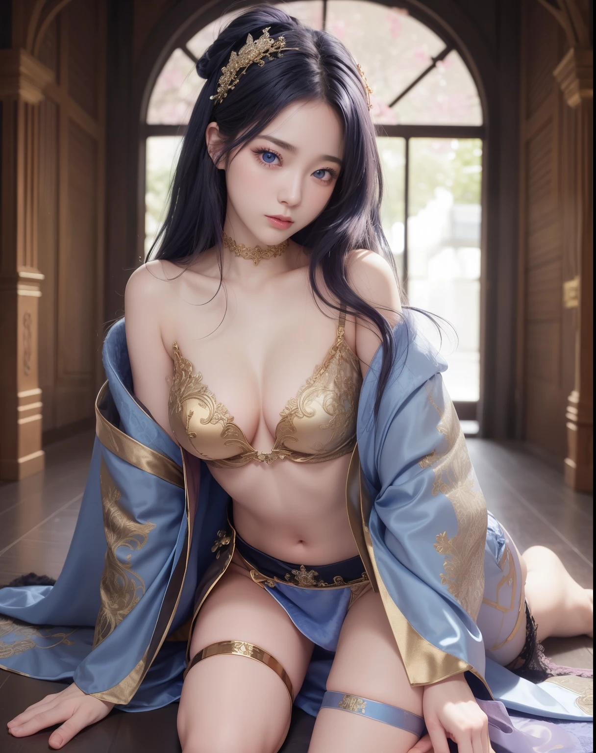 Blue Gothic Warrior Queen, Pink and gold kimono robe and midi skirt, satin, fur, (stockings), thong panties, Decolletage, natural breasts, Backwards and on all fours, zettai ryouiki, medium length hair, beautiful detailed blue eyes, portrait, most realistic, highest quality, best pixel, 8k ultra