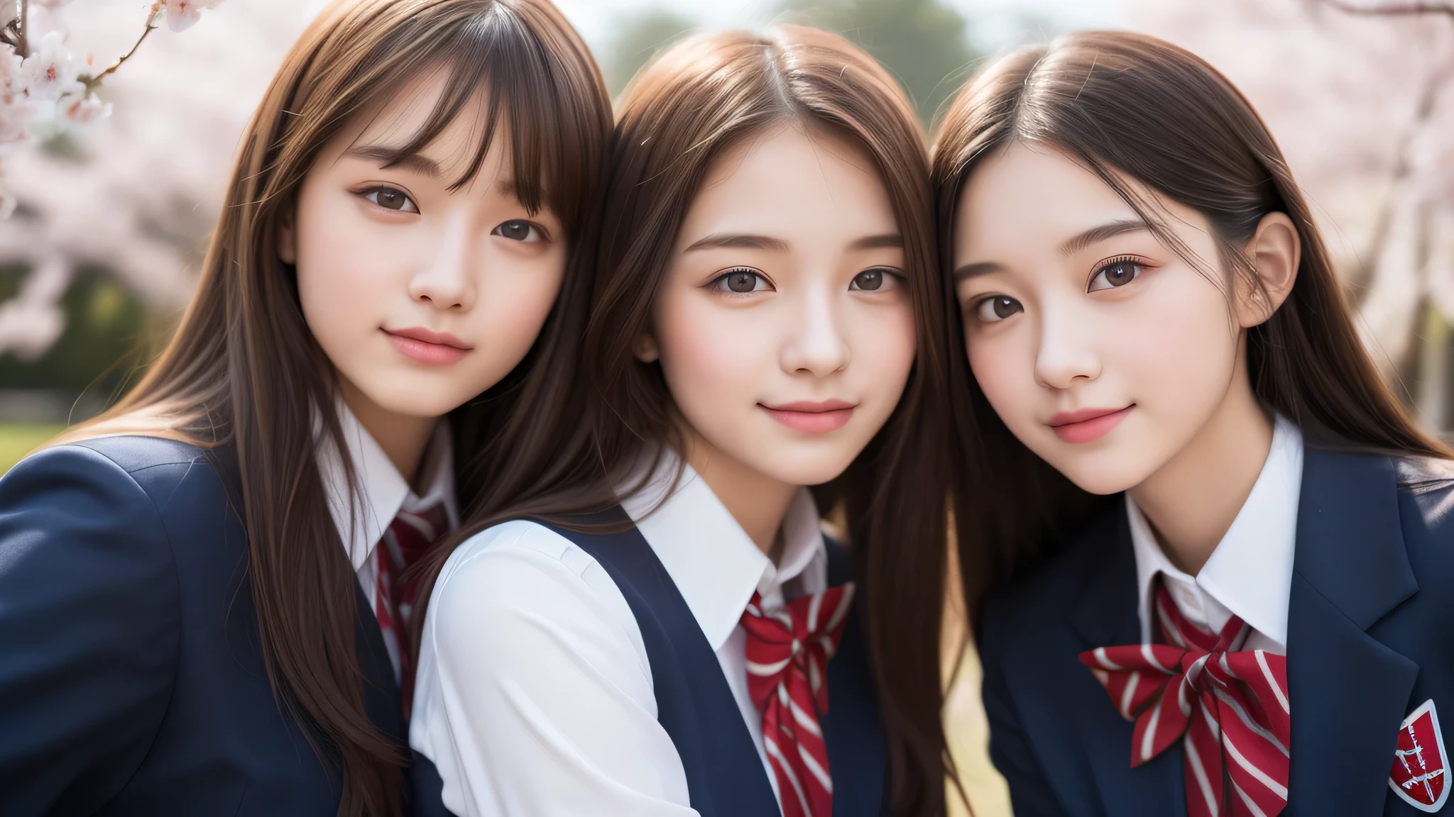 (Twins), 2girl, similar faces, beautiful girls, enchanting smile, (highly detailed eyes, highly detailed face), Fresh, very clean appearance, (hyper-realistic, hight resolution), (best Quality:1.4), Professional Photography, (high school uniform:1.2), cherry blossoms, focus on the face,